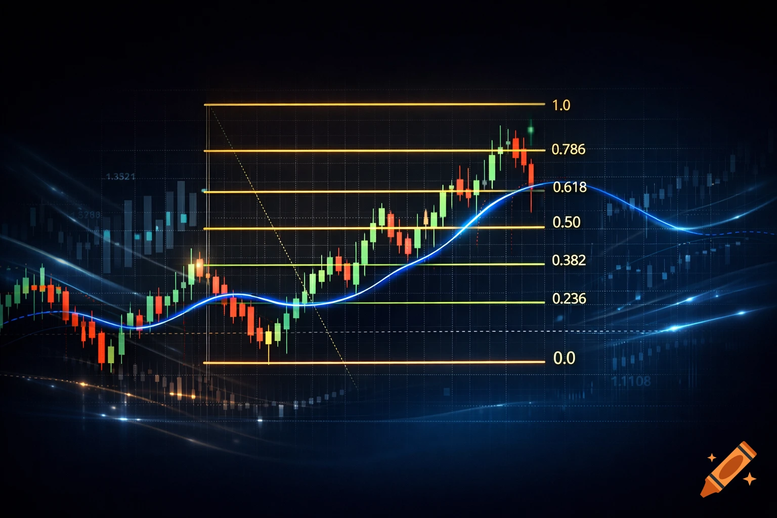 A digital forex trading chart on a dark background, featuring green and red candlesticks, a blue EMA line, and yellow Fibonacci levels.