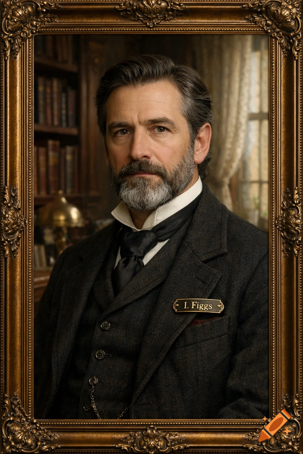 Photorealistic portrait of a bearded man in a Victorian suit with an 'I. Figgs' name tag, framed in gold.