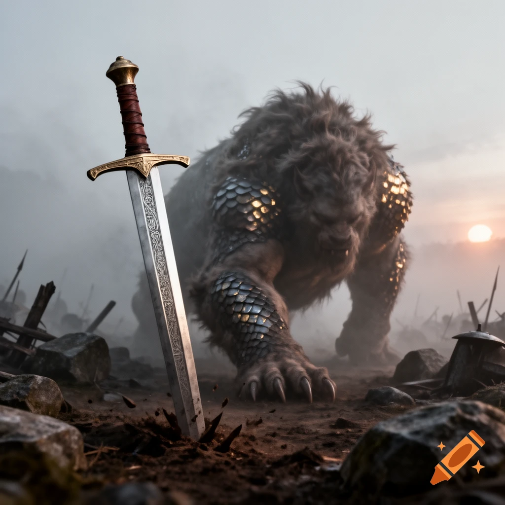 A broadsword stands upright in a muddy, smoky battlefield with a large, hairy, scaly beast emerging from the fog in the background at sunset, photorealistic style.