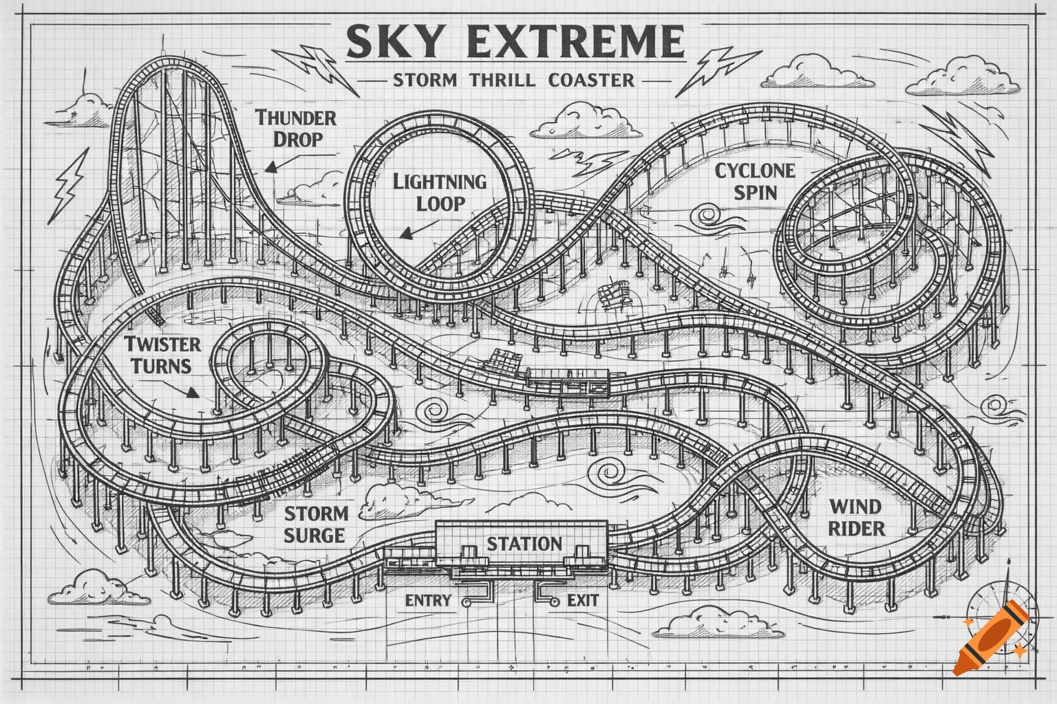 A detailed, storm-themed rollercoaster blueprint named 'Sky Extreme' on grid paper, featuring labeled loops, drops, and turns in a technical drawing style.