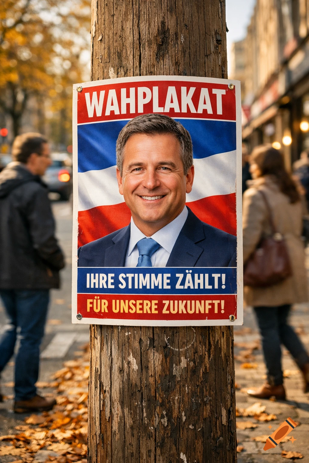 Photorealistic image of a German election poster on a wooden pole, featuring a smiling man and text 'Wahlplakat' on a street.