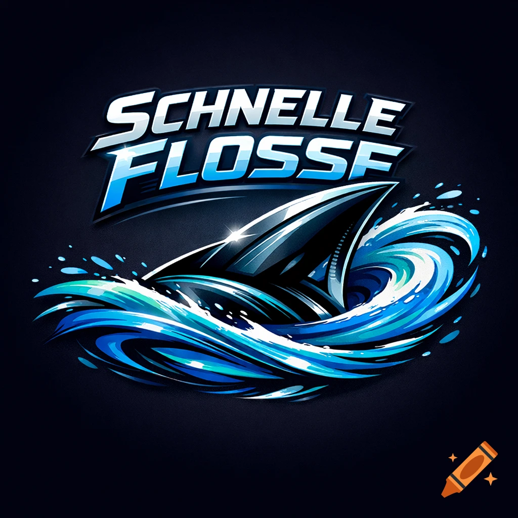 A logo featuring a stylized black shark fin emerging from dynamic blue and white waves, with 'SCHNELLE FLOSSE' text.