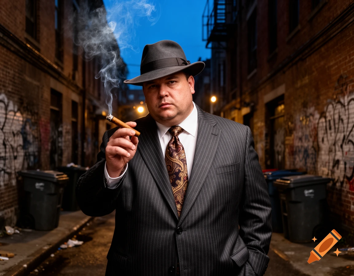 A man in a fedora and pinstripe suit smokes a cigar in a dark, graffiti-covered alley.