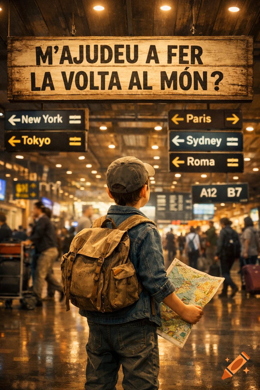 A child with a backpack and map in a busy airport, looking at destination signs and a wooden sign asking 'M'AJUDEU A FER LA VOLTA AL MÓN?'