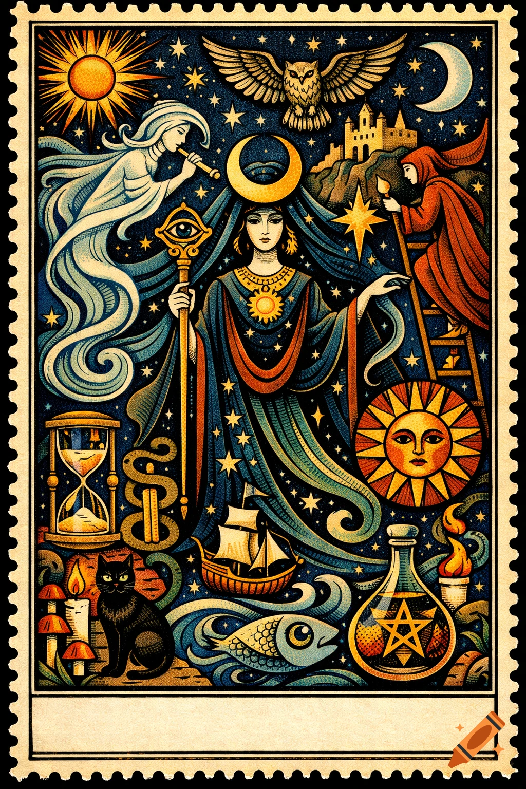 Mystical linocut postage stamp with a goddess, celestial bodies, an owl, cat, and occult symbols.