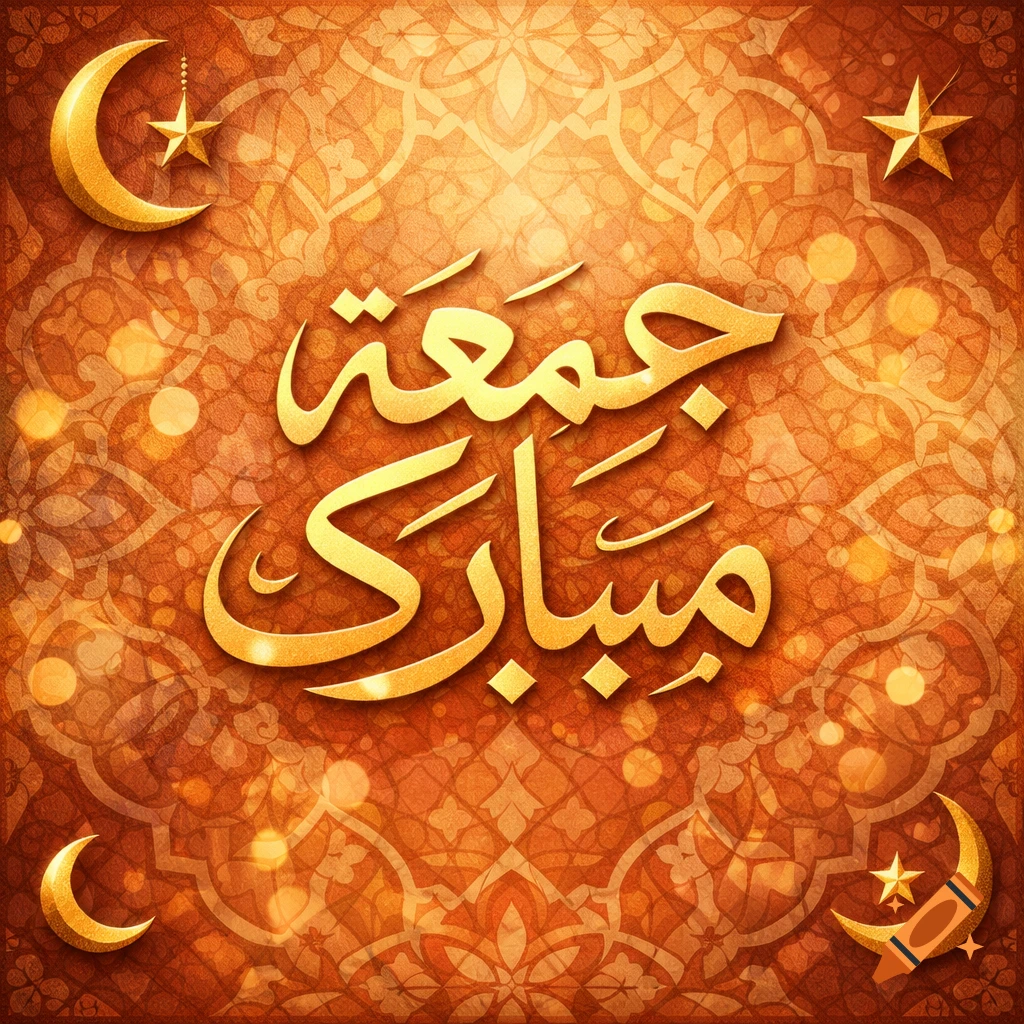 Golden Arabic calligraphy 'Jum'a Mubarak' with crescent moons and stars on an ornate orange and brown background.