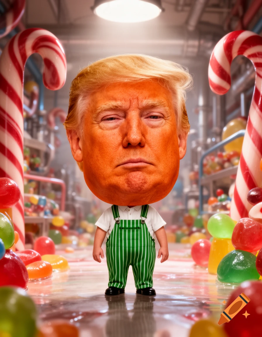 Caricature of Donald Trump's large orange head on a small body in green striped overalls, standing in a vibrant candy factory.