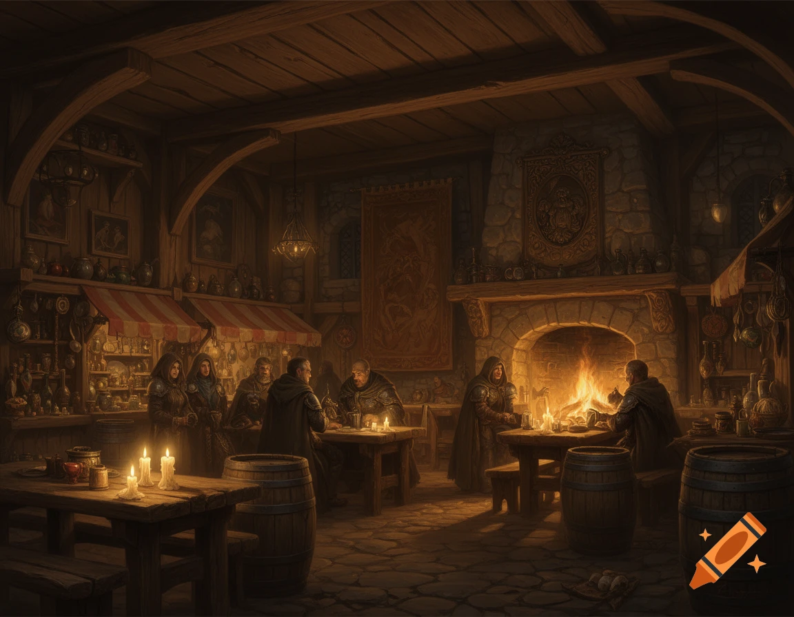 Cozy medieval tavern interior with patrons, a roaring fireplace, candlelit tables, wooden beams, and merchant stalls in a fantasy art style.