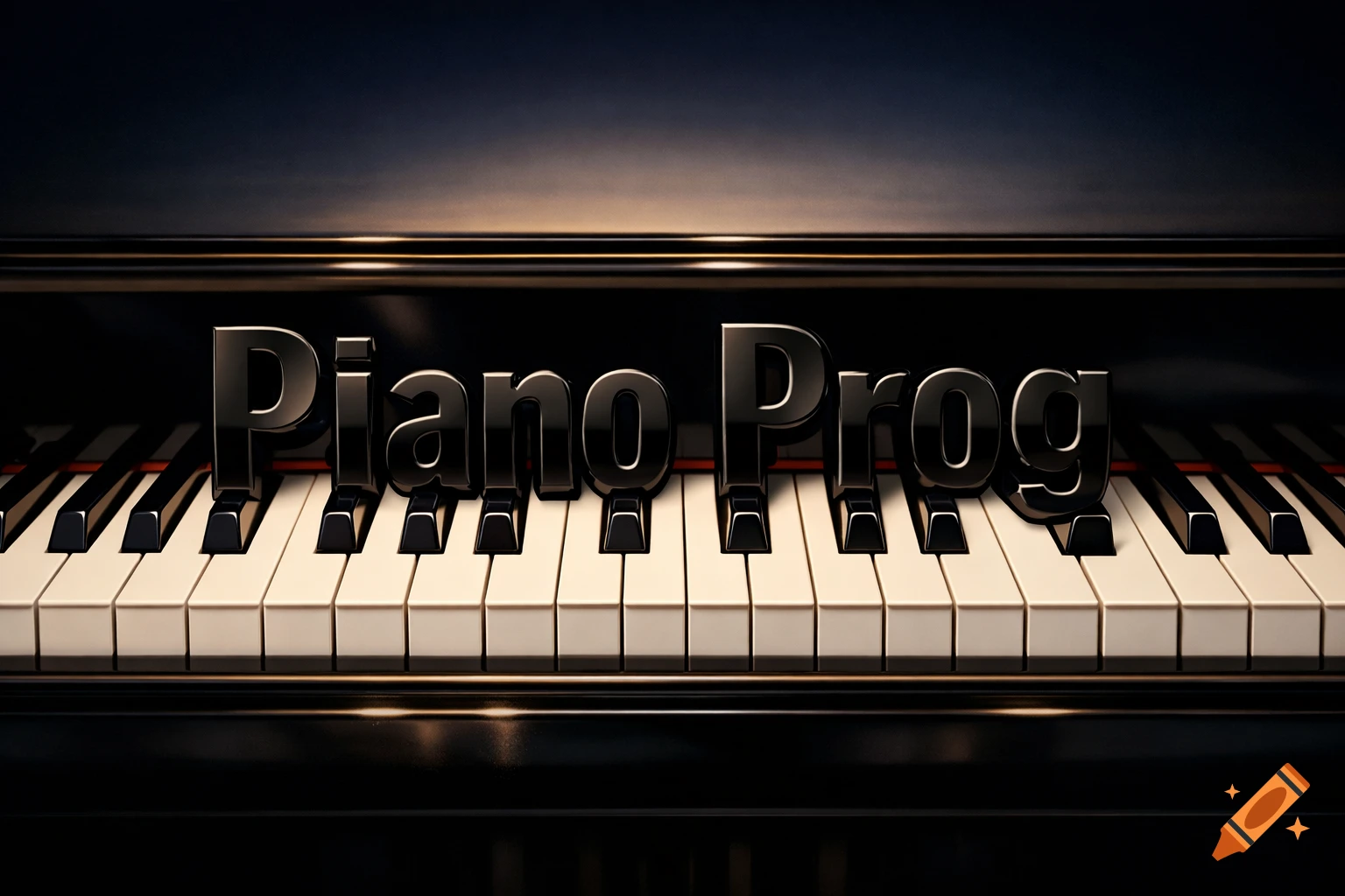 3D text "Piano Prog" resting on the black and white keys of a glossy grand piano.