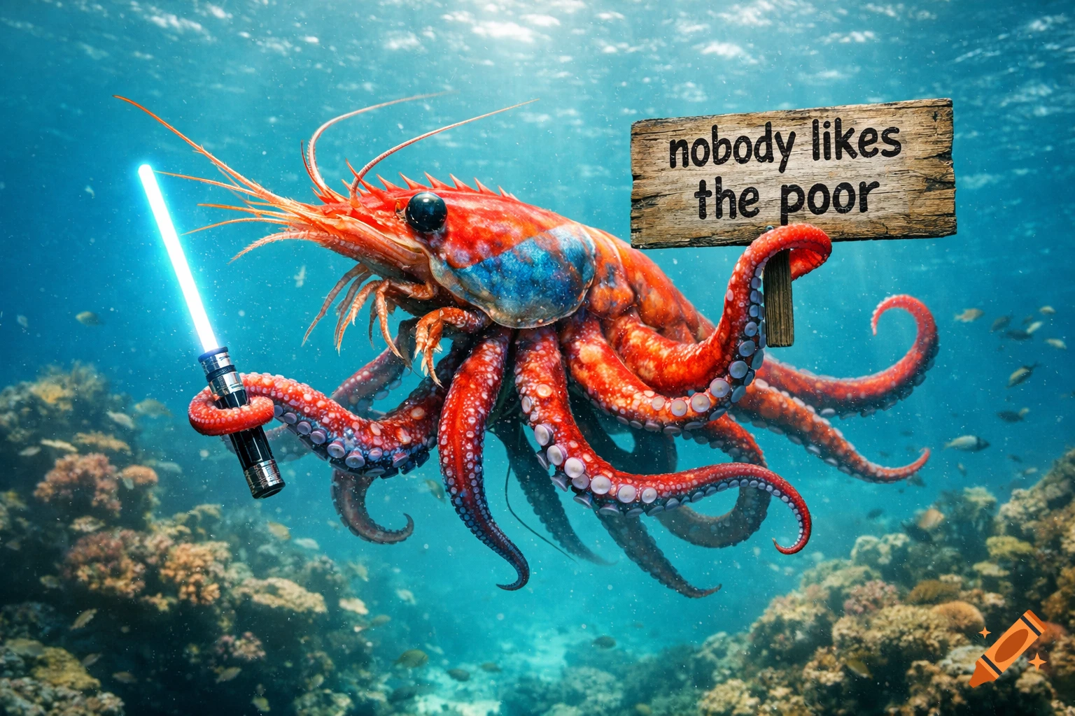 A red shrimp with octopus tentacles holding a glowing blue lightsaber and a wooden sign that reads 'nobody likes the poor' underwater with coral.