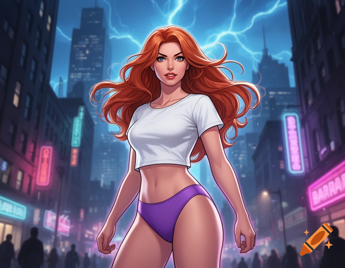 A red-haired woman in a white crop top and purple underwear stands in a futuristic city at night under a lightning sky, in a comic book art style.