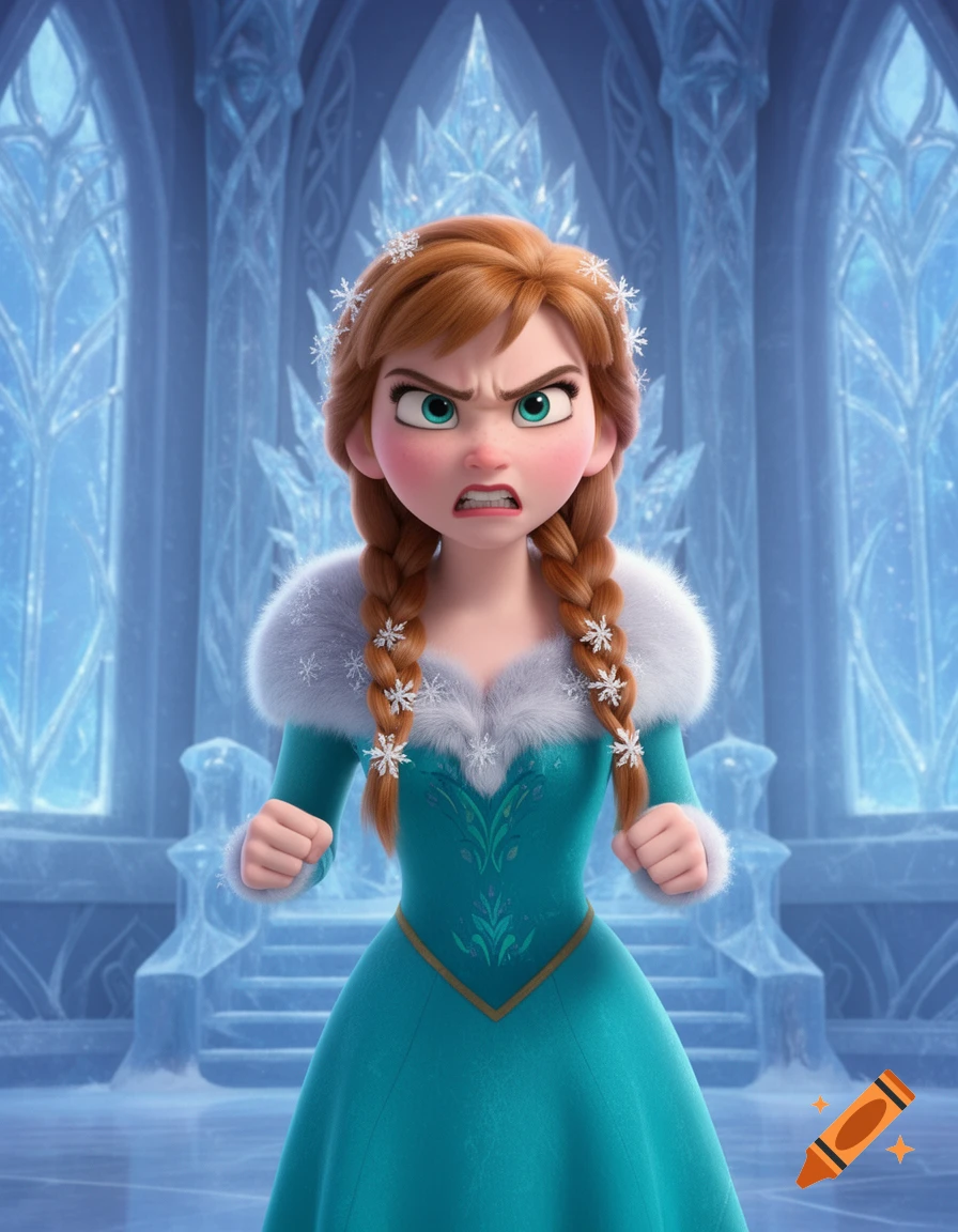 Angry Anna from Frozen with braided red hair, wearing a teal dress with fur trim, standing in a grand ice palace with clenched fists.