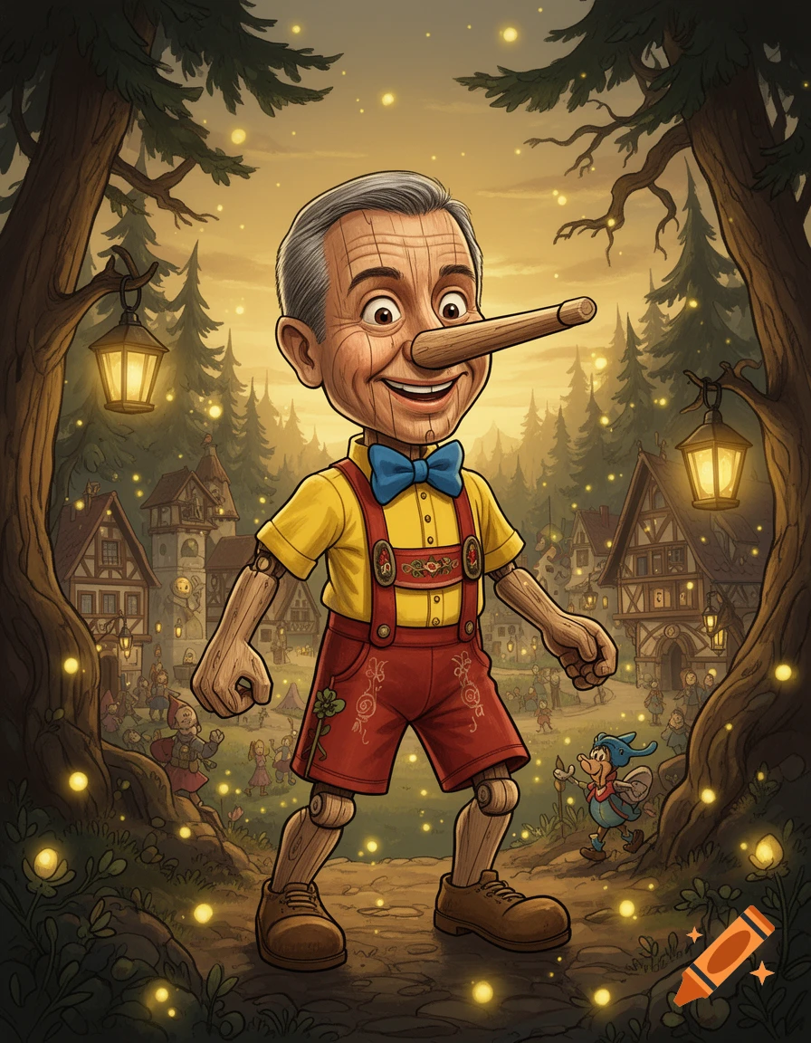A cartoon illustration of Pinocchio with an older man's face and long nose, smiling in an enchanted forest village with glowing lights.