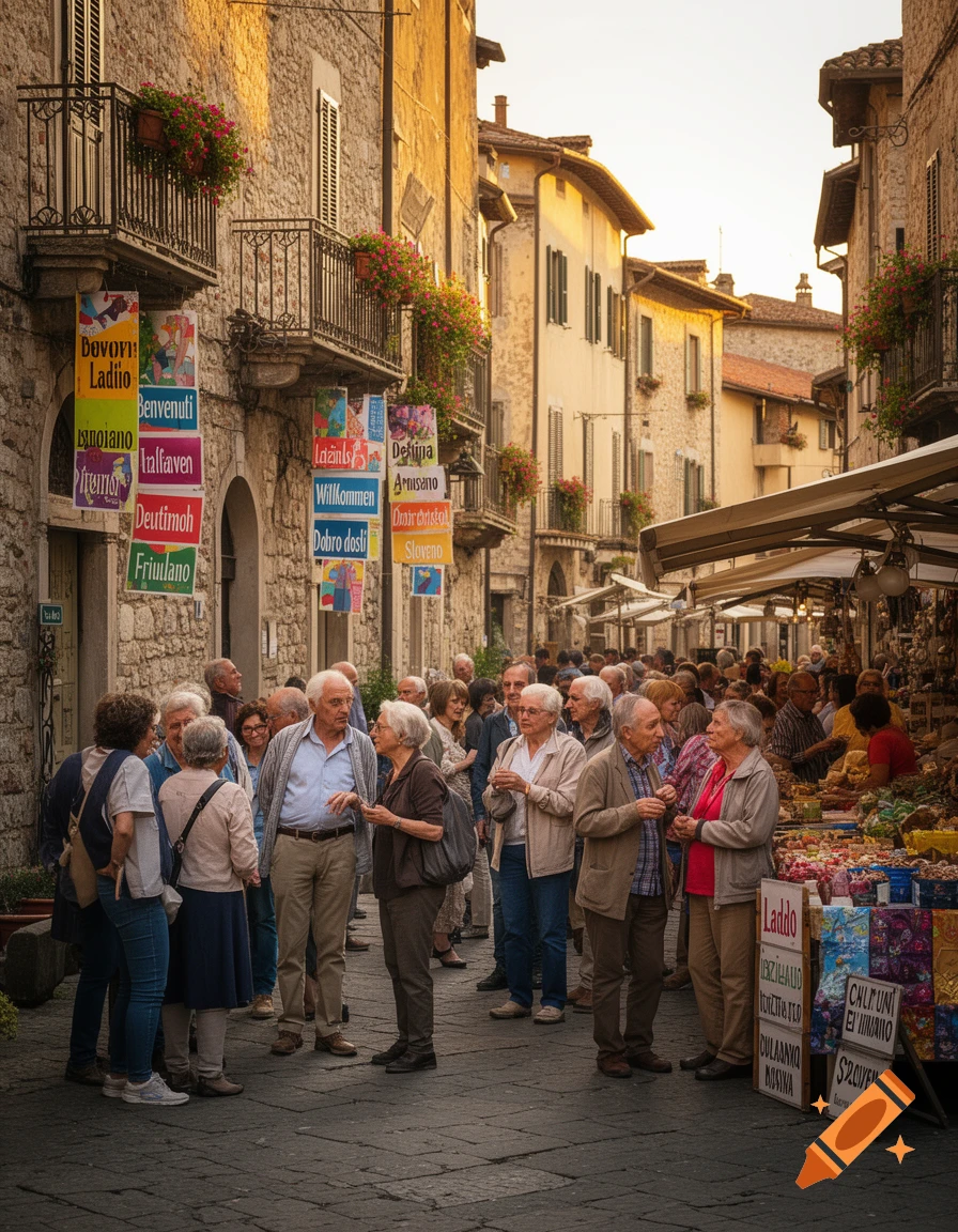 A bustling street scene in an old European town with many people walking and gathering near market stalls and historic stone buildings with colorful banners.