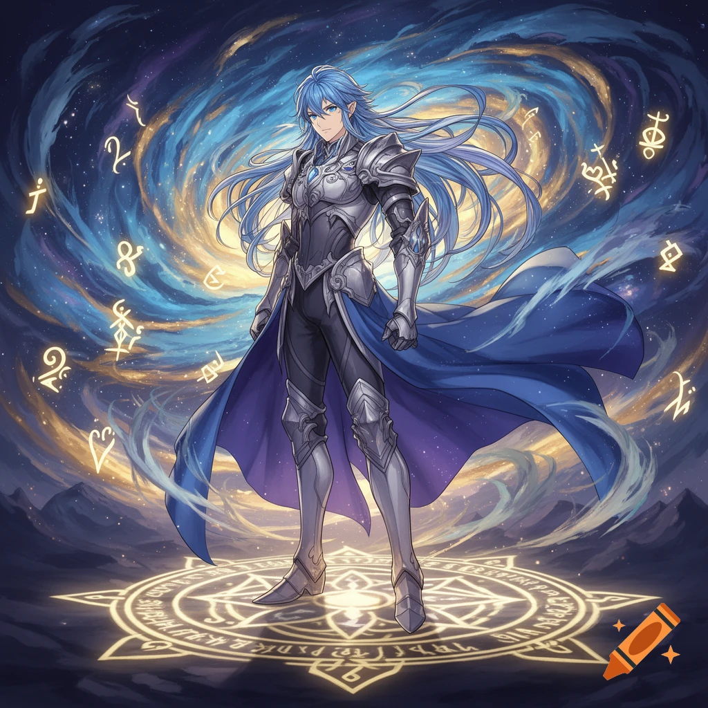 Anime male character with long blue hair and silver armor stands on a glowing magic circle against a swirling cosmic background with runes.