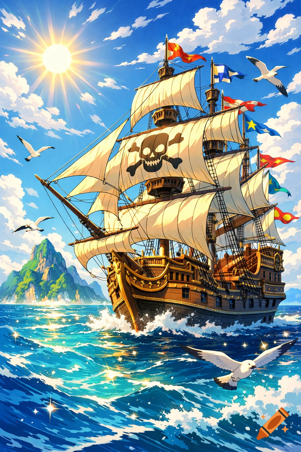 Anime-style pirate ship sailing on a sparkling blue ocean under a bright sun, with seagulls flying and a lush island in the distance.