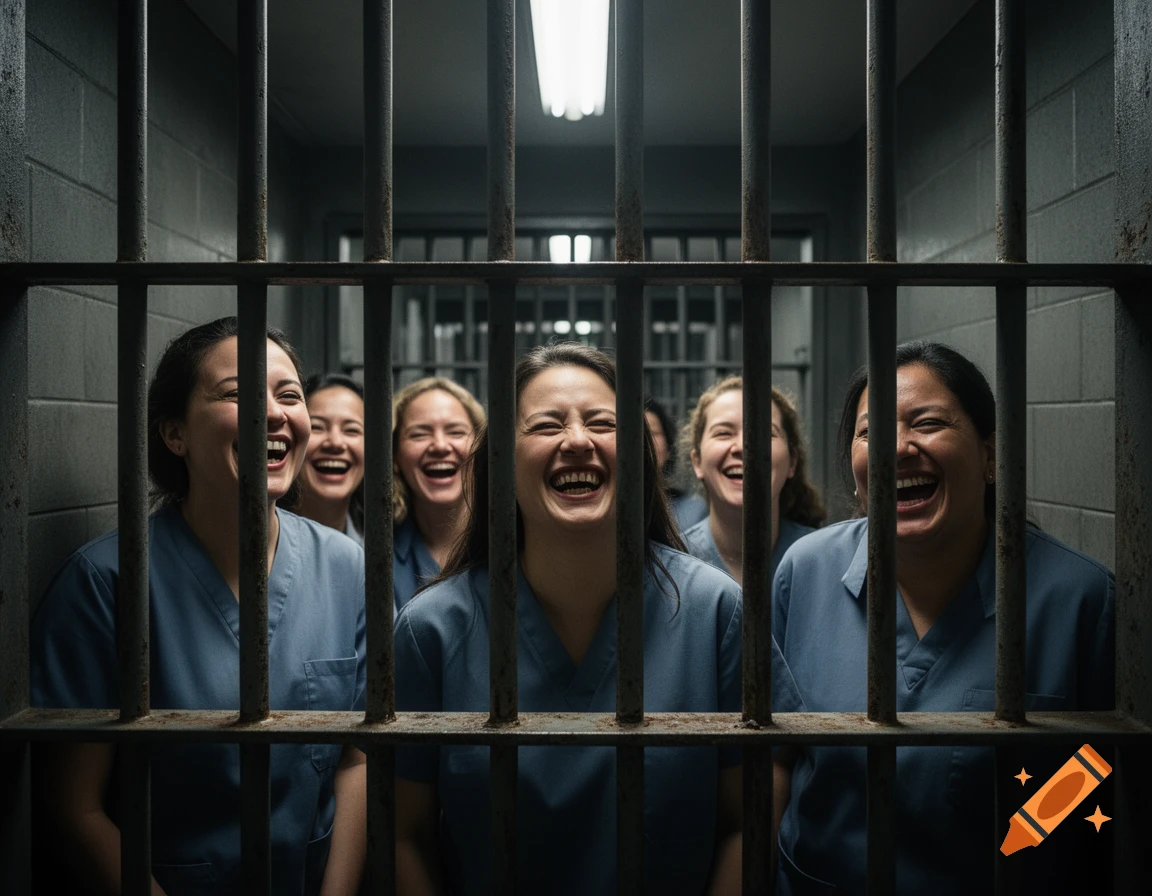Photorealistic image of several women in blue uniforms laughing behind the rusty bars of a prison cell.