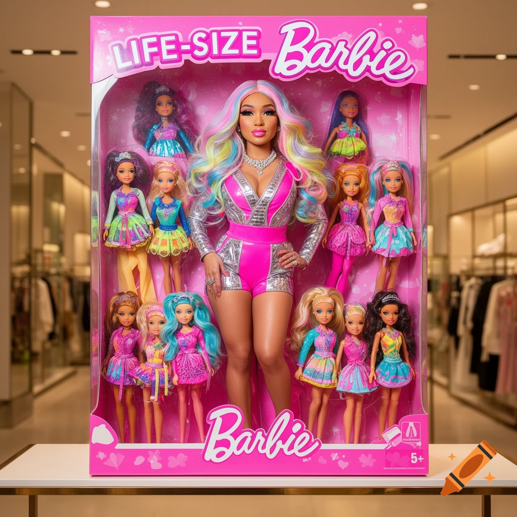 Nicki Minaj in a life-size Barbie doll box surrounded by colorful fashion dolls in a store.