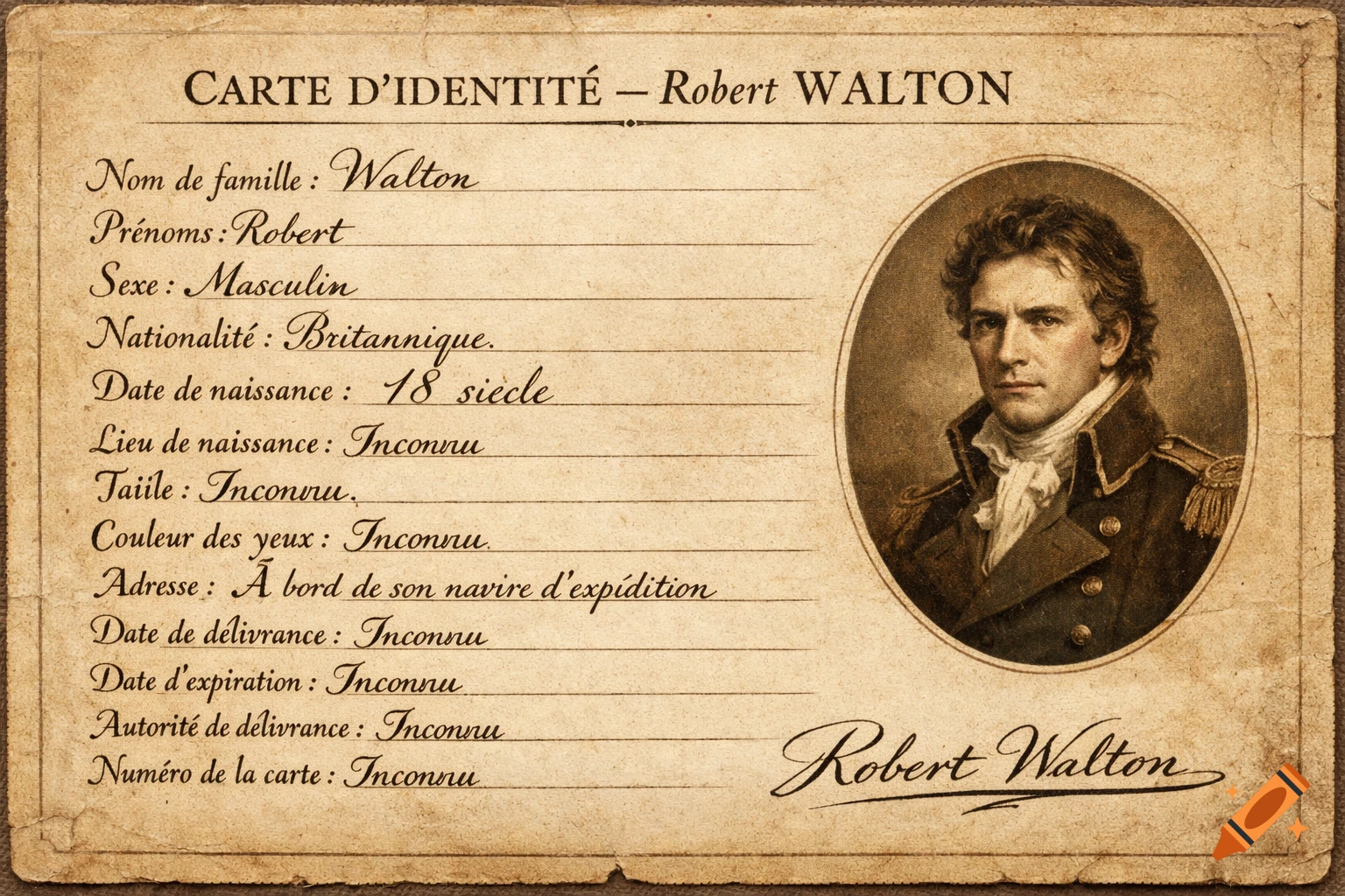 An antique-style identity card for Robert Walton, featuring his name, personal details, an oval portrait of a man in military uniform, and a handwritten signature, on aged paper.