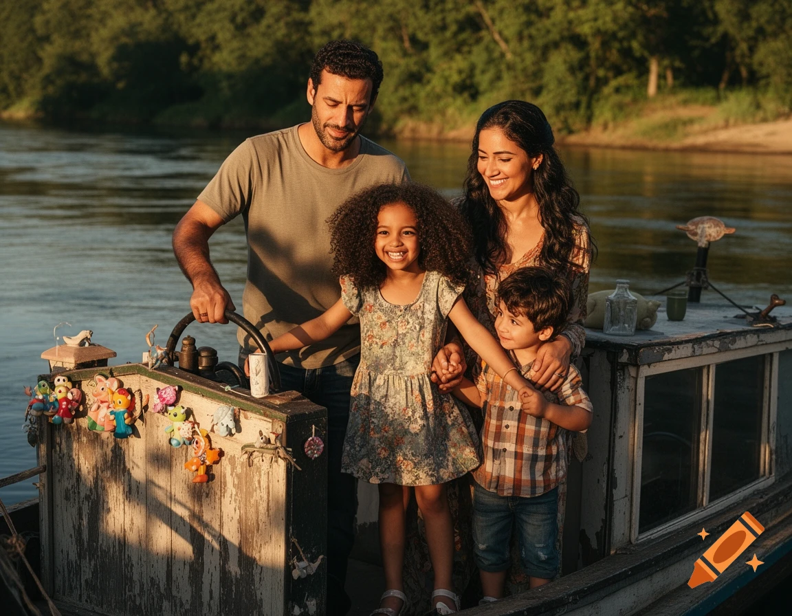 Smiling Arabian family on a rustic houseboat by a river at sunset. The father is steering with the mother and children around him.