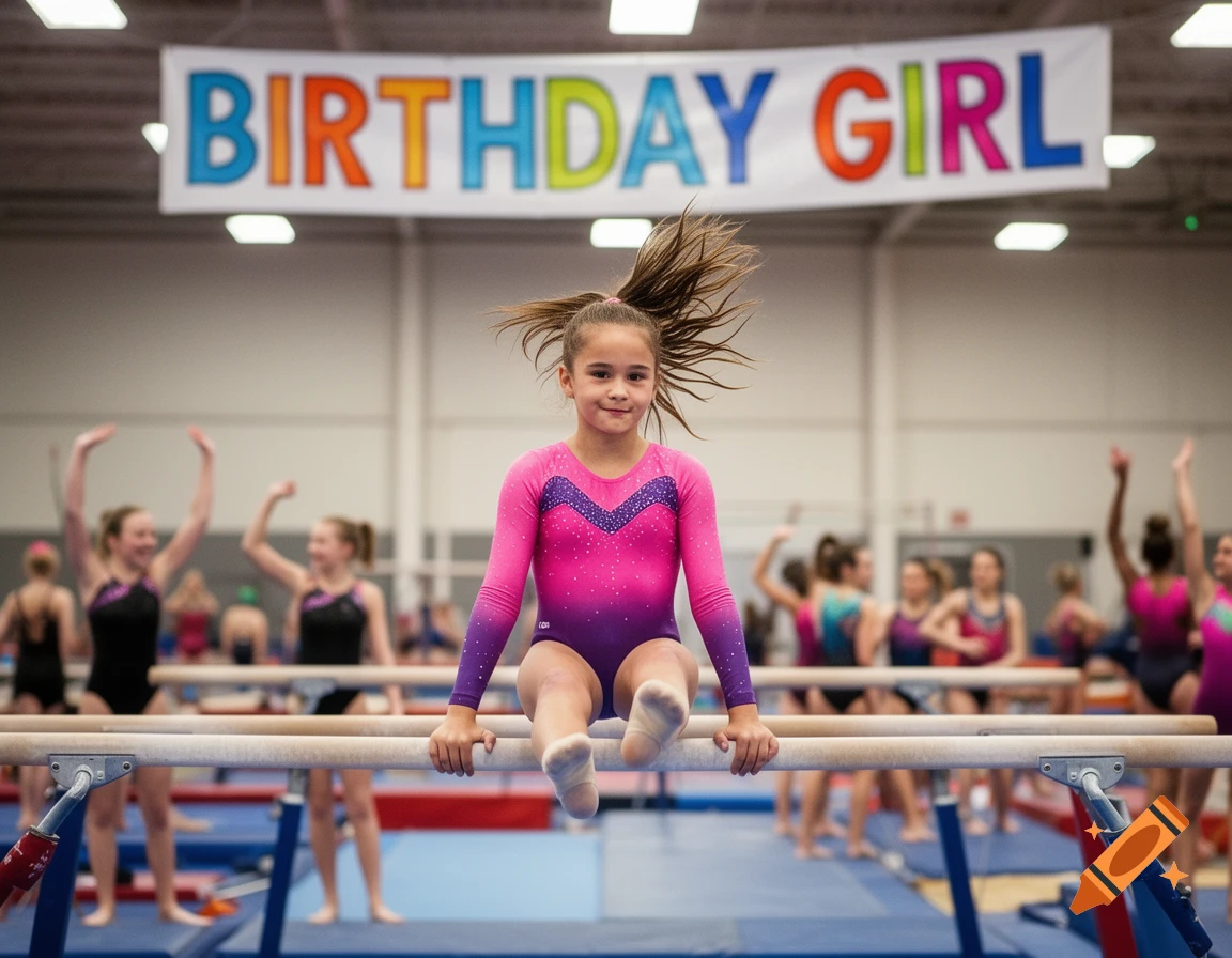 A young girl in a pink leotard sits on parallel bars in a gymnastics gym, with a 'BIRTHDAY GIRL' banner above.