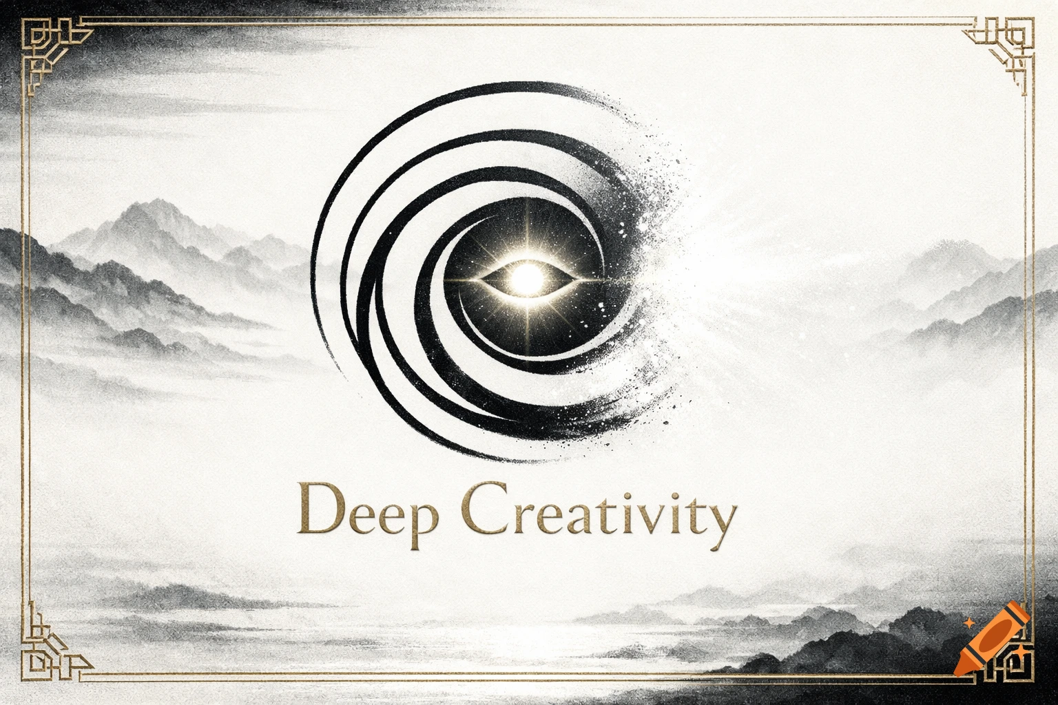 A minimalist ink wash painting featuring a glowing eye in a spiral, set against misty mountains, with 'Deep Creativity' text and an art deco border.