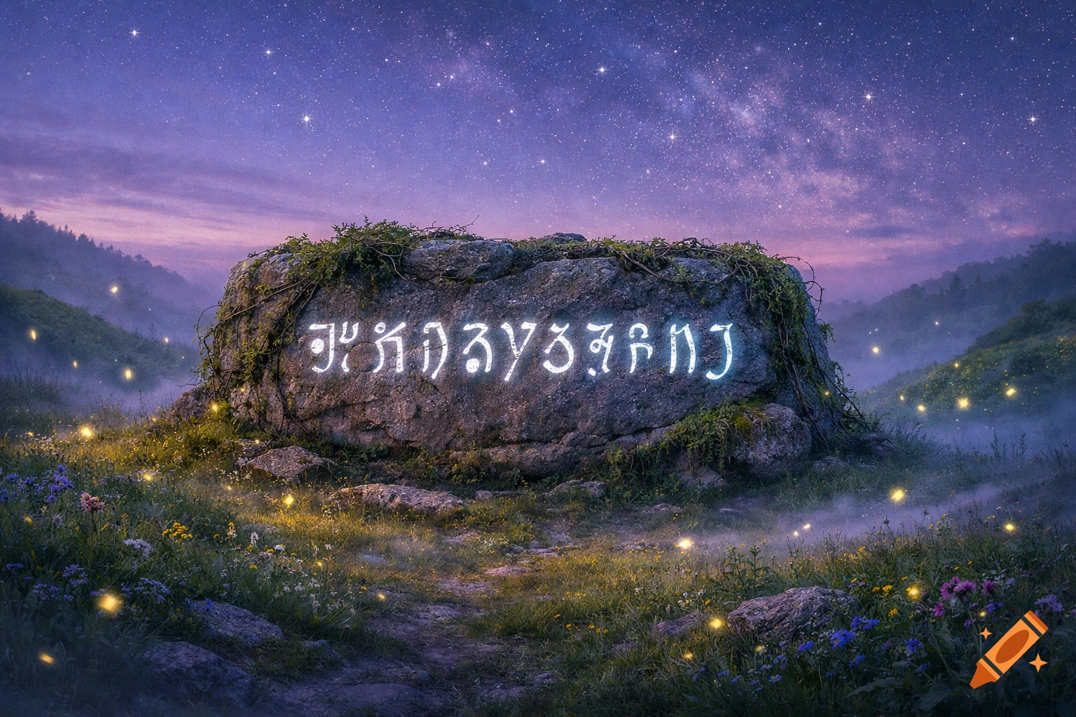A large moss-covered rock with glowing runic text in a misty, grassy field with fireflies under a starry night sky.