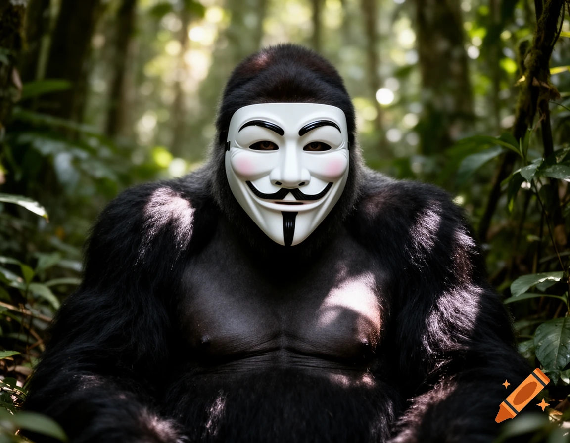 A photorealistic gorilla wearing a white Guy Fawkes (Anonymous) mask sits in a lush green jungle.