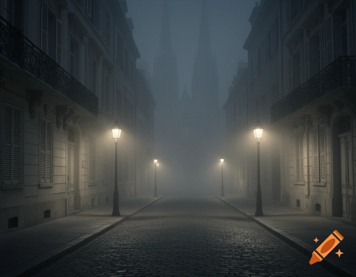 Foggy European street at night with glowing street lamps, old buildings, and structures emerging from distant mist.