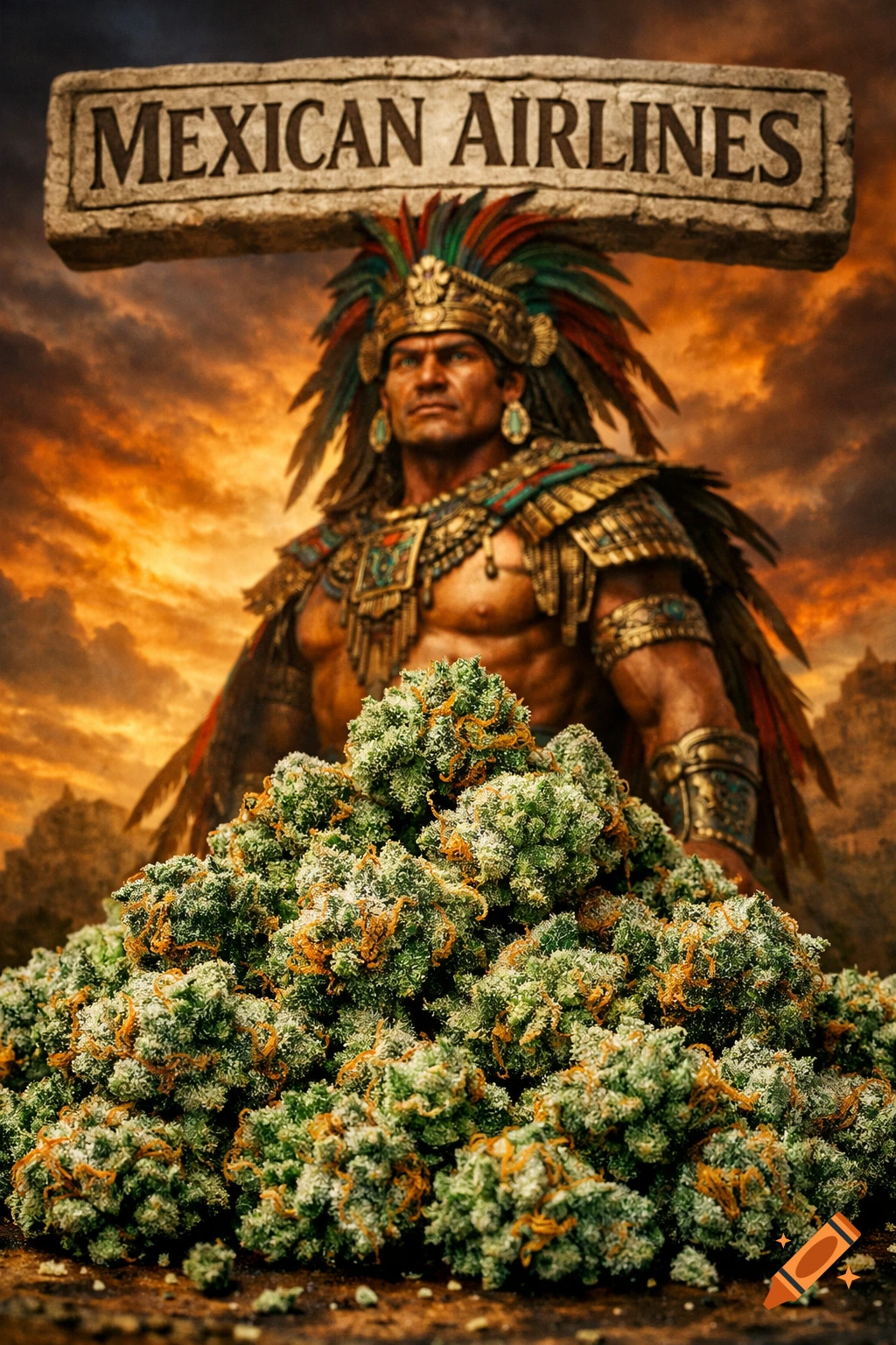 Large pile of cannabis buds in the foreground, an Aztec warrior in ceremonial attire, and a stone sign 'MEXICAN AIRLINES' against a dramatic sunset.