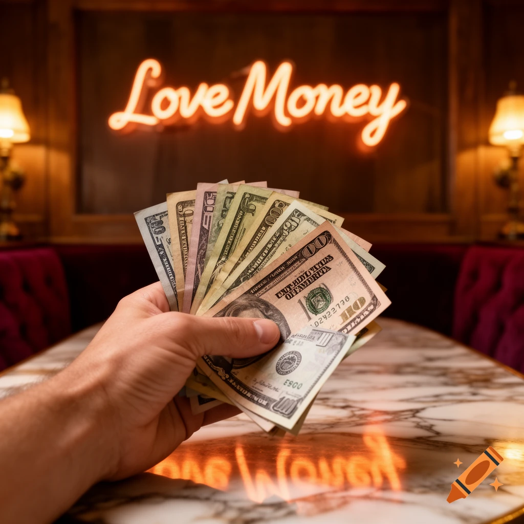 A hand holds a fanned stack of US dollar bills above a marble table, with a glowing 'Love Money' neon sign in the background.