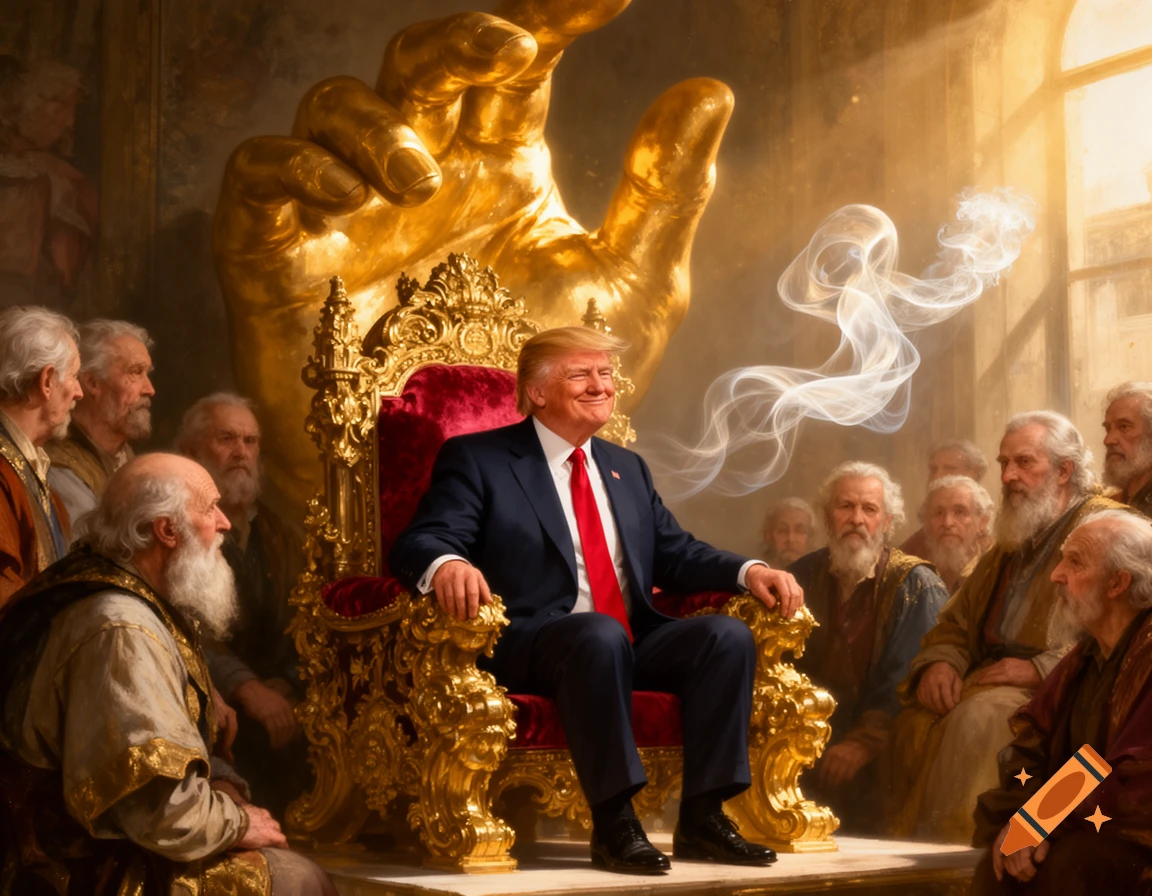 Donald Trump on a golden throne, smiling amidst bearded old men, with a giant golden hand behind him and swirling white smoke, in a classical painting style.