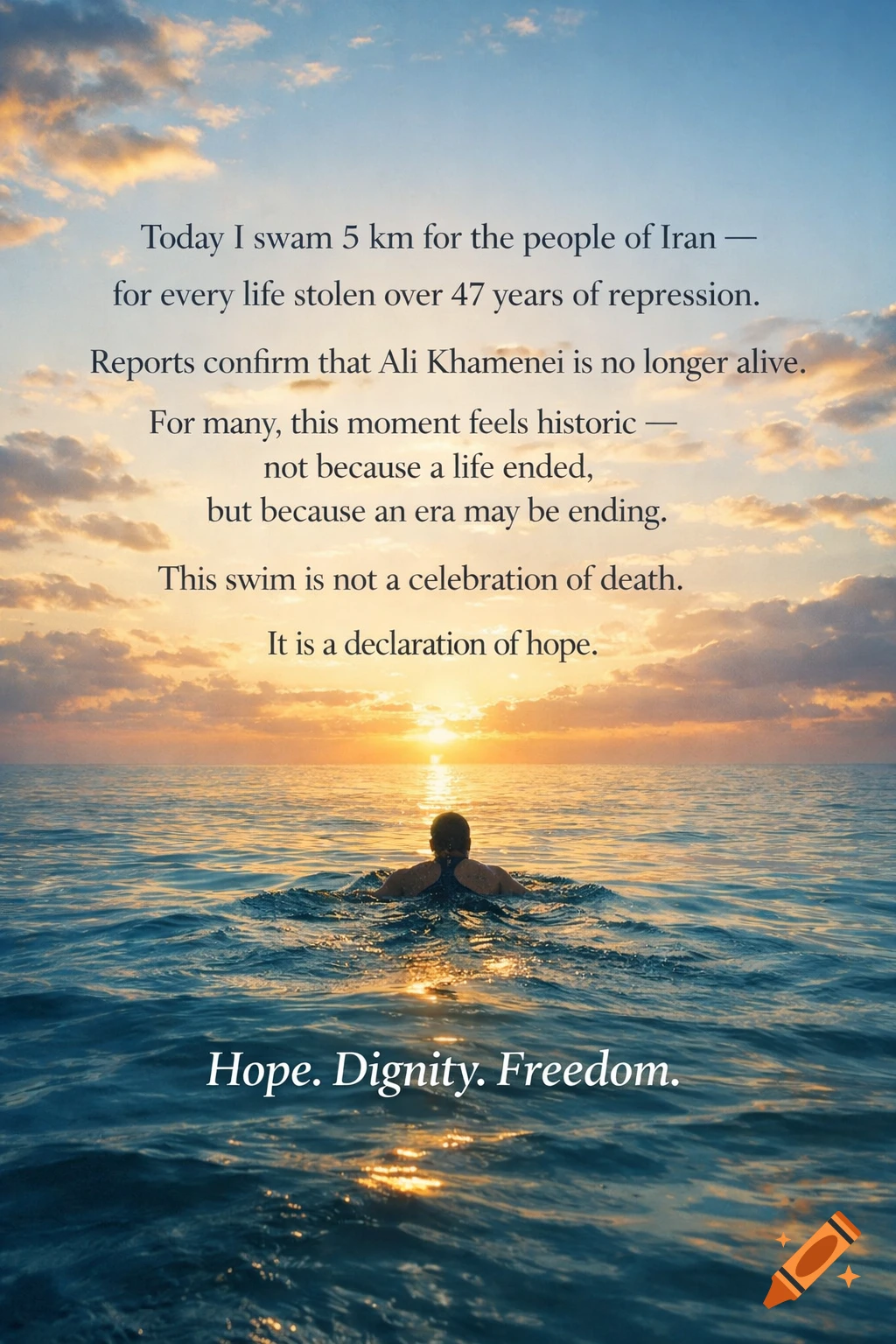 A person swims in an ocean at sunrise with golden light, text declares a swim for hope and freedom for the people of Iran.