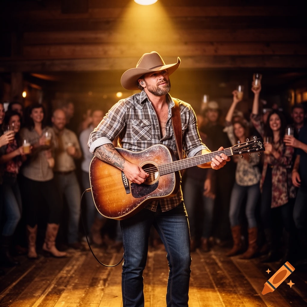 Photorealistic male country singer in cowboy hat and plaid shirt plays acoustic guitar on a spotlighted stage, audience blurred in background.