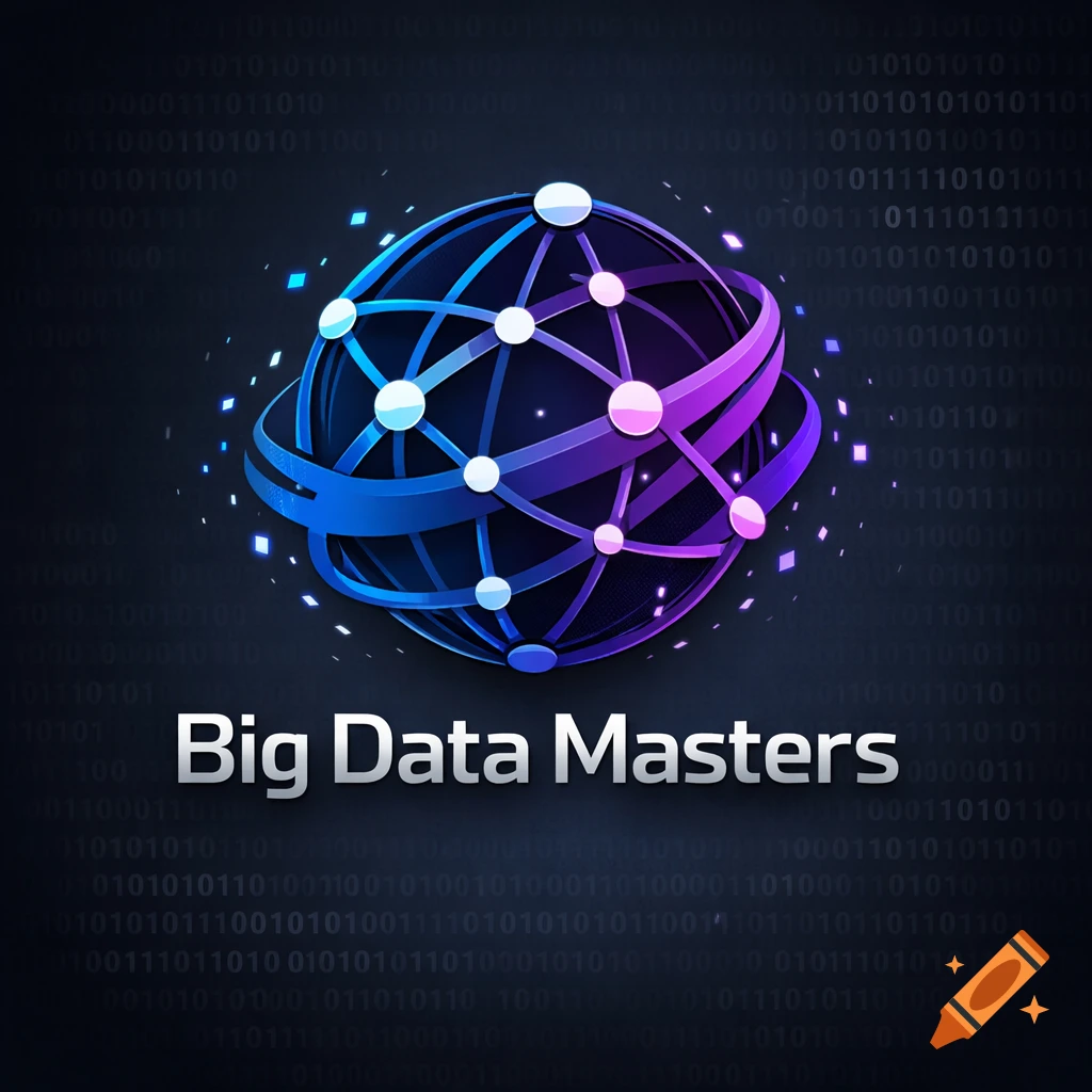 A blue and purple 3D globe with interconnected nodes, surrounded by glowing squares, against a dark background with binary code. Text reads 'Big Data Masters'.