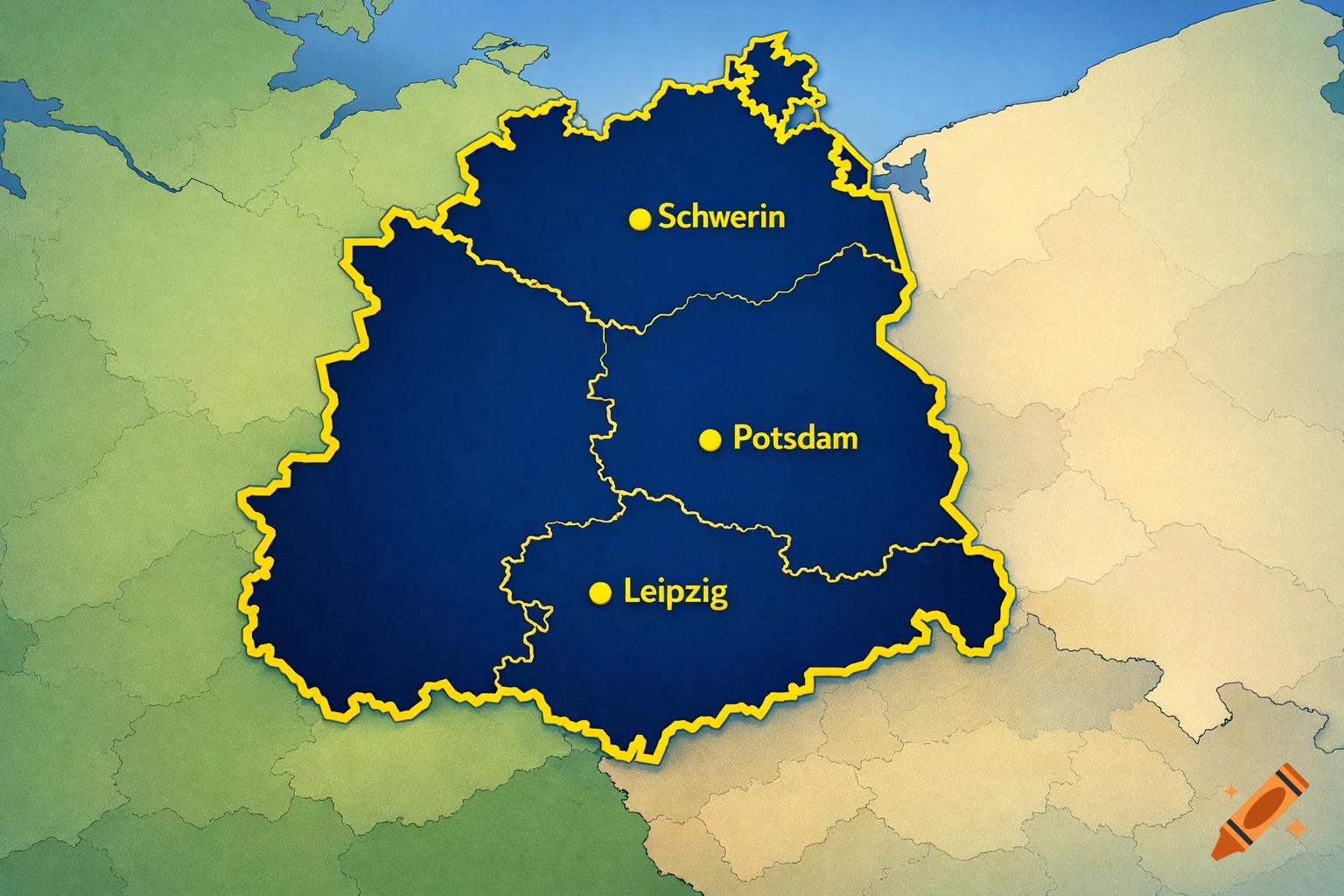 A map highlighting the former German Democratic Republic in dark blue with a yellow border. Cities Schwerin, Potsdam, and Leipzig are marked with yellow dots.