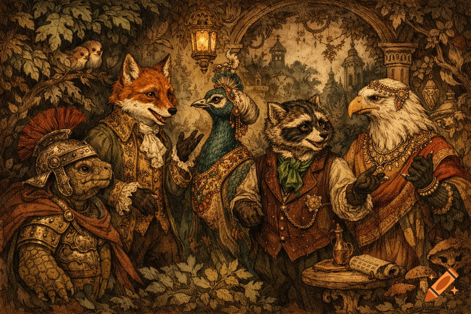 Vintage illustration of anthropomorphic animals in historical attire, including a fox, peacock, raccoon, eagle, and turtle, gathered in a lush, detailed setting.