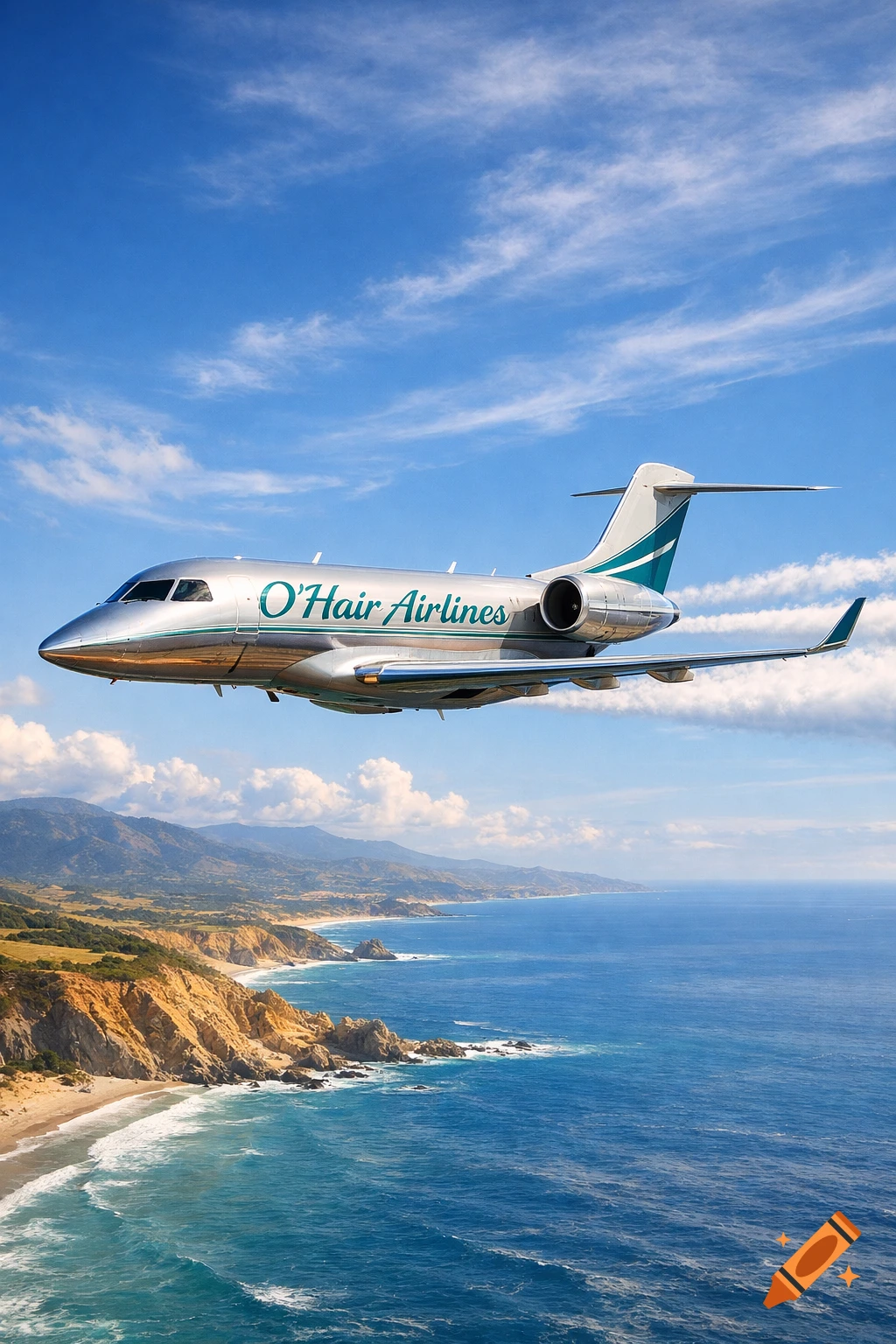 A silver private jet with 'O'Hair Airlines' flies over a blue ocean and rugged coastline under a partly cloudy sky, photorealistic.