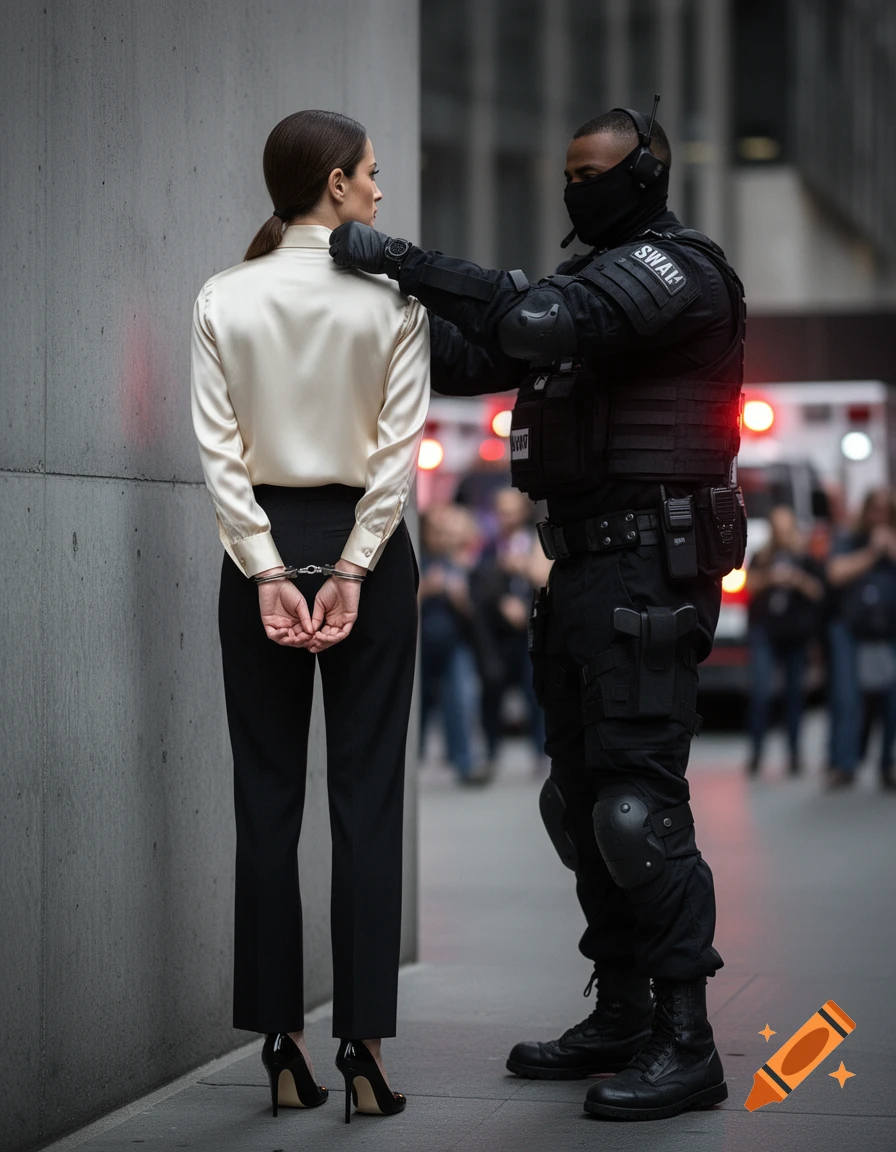 Photorealistic image of a handcuffed businesswoman in a silk shirt being searched by a masked SWAT officer in an urban setting.