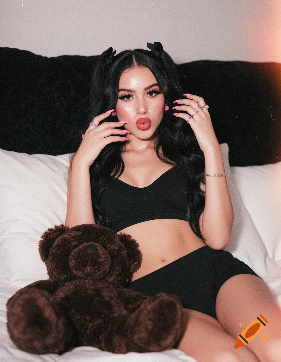 Young woman in black sports set relaxed on a bed with a teddy bear, posing with pink nails, in a Y2K aesthetic.