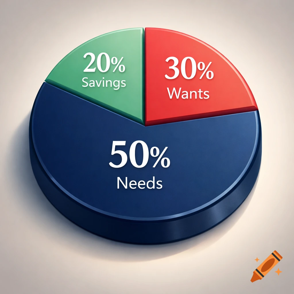 A 3D pie chart showing financial allocation: 50% Needs in blue, 30% Wants in red, and 20% Savings in green.