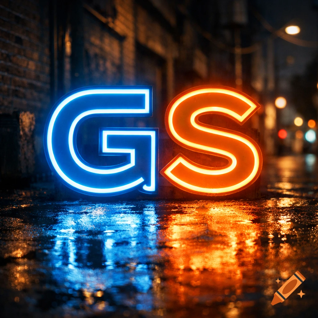 Blue neon 'G' and orange neon 'S' illuminate a wet, dark city street at night, reflected on the pavement.