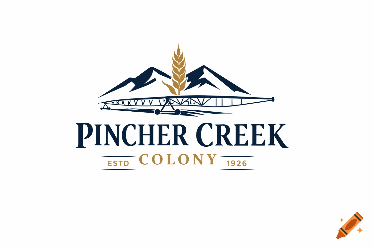 Minimalist logo for Pincher Creek Colony with mountains, a wheat stalk, a stylized irrigation element, and 'ESTD 1926' in navy blue and gold.