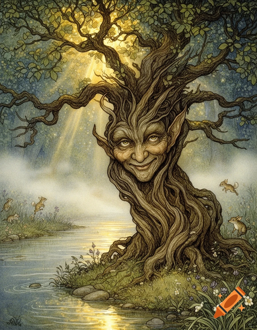 A whimsical, twisted tree with a smiling sprite face and roots along a riverbank, in an Arthur Rackham-style fairy tale illustration.