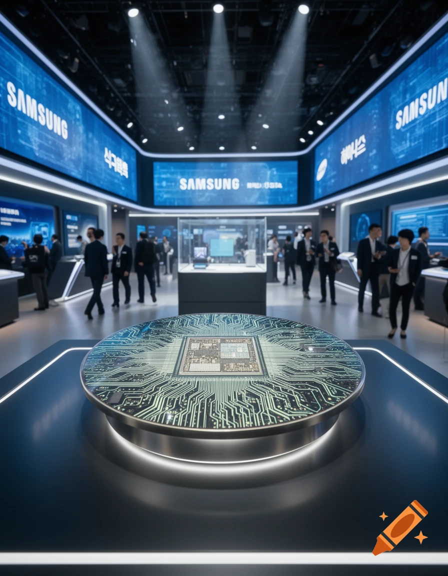 A photorealistic view of a modern tech exhibition with a glowing circuit board display in the foreground and people browsing.
