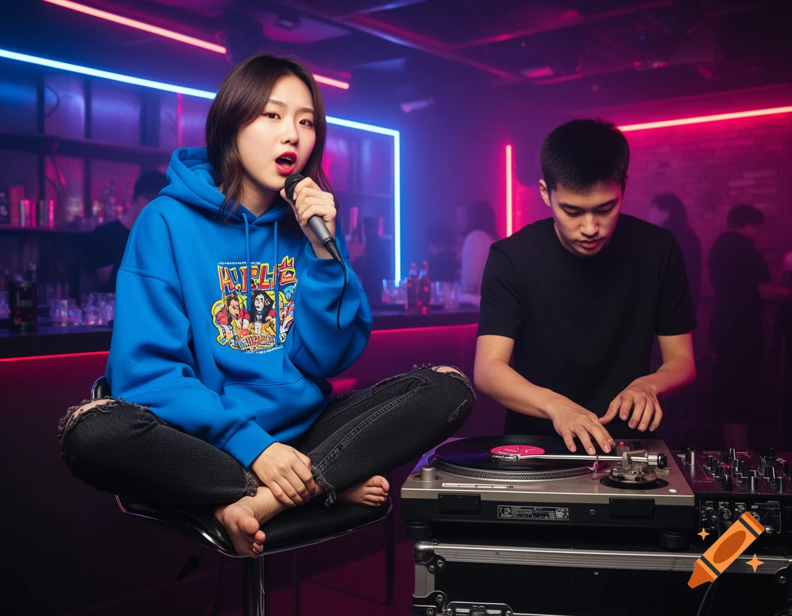 A woman in a blue hoodie sings into a microphone, sitting cross-legged next to a DJ scratching a record in a neon-lit club.