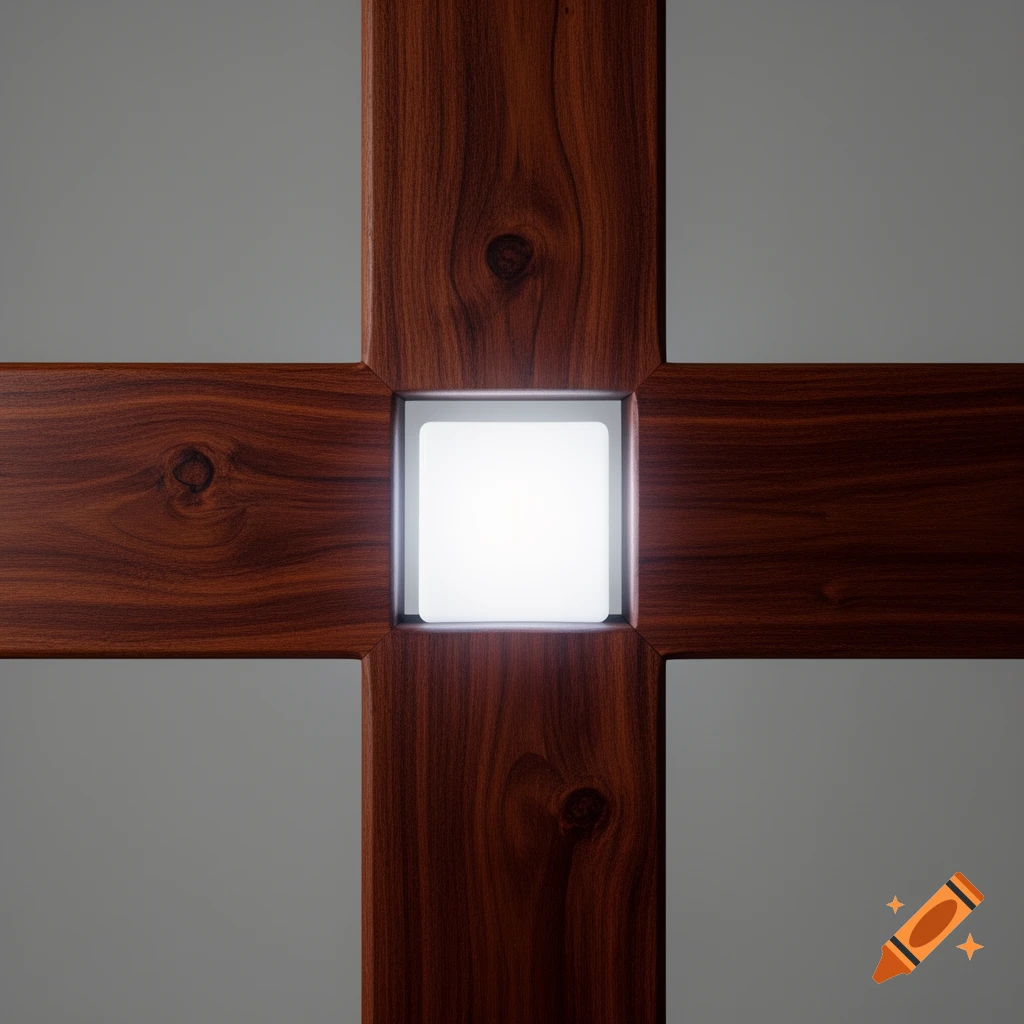 A close-up of a wooden cross with a glowing white square at its center, set against a plain gray background.