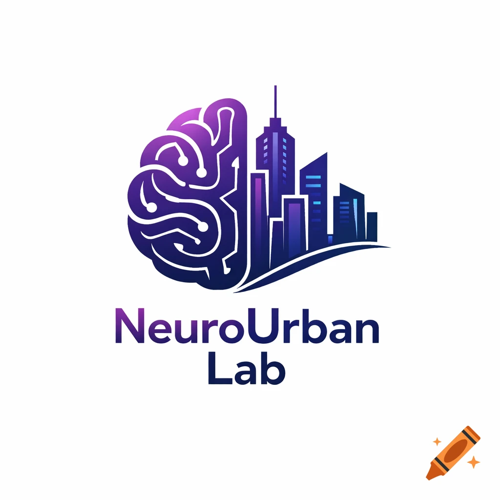 A minimalist logo showing a purple brain merging with a dark blue city skyline, with 'NeuroUrban Lab' text below.