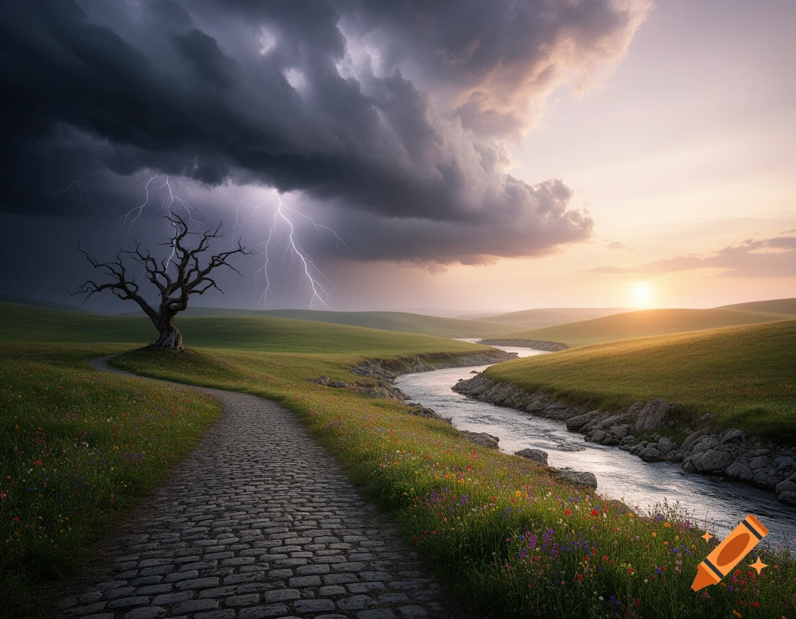 A dramatic landscape split between a stormy sky with lightning over a gnarled tree and a sunny sunset over rolling green hills and a winding river, with a cobblestone path and wildflowers.