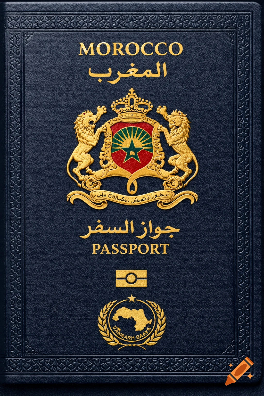 A hyper-realistic dark navy blue Moroccan passport cover with gold embossed detailing. Features the Moroccan national emblem, 'MOROCCO' and 'PASSPORT' in English and Arabic, and a biometric symbol. The design is symmetrical and premium.